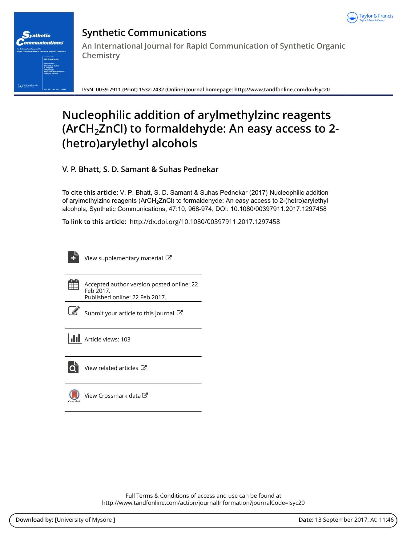 Nucleophilic addition of arylmethylzinc reagents (ArCH2ZnCl) to formaldehyde: An easy access to 2-(hetro)arylethyl alcohols by V. P. Bhatt