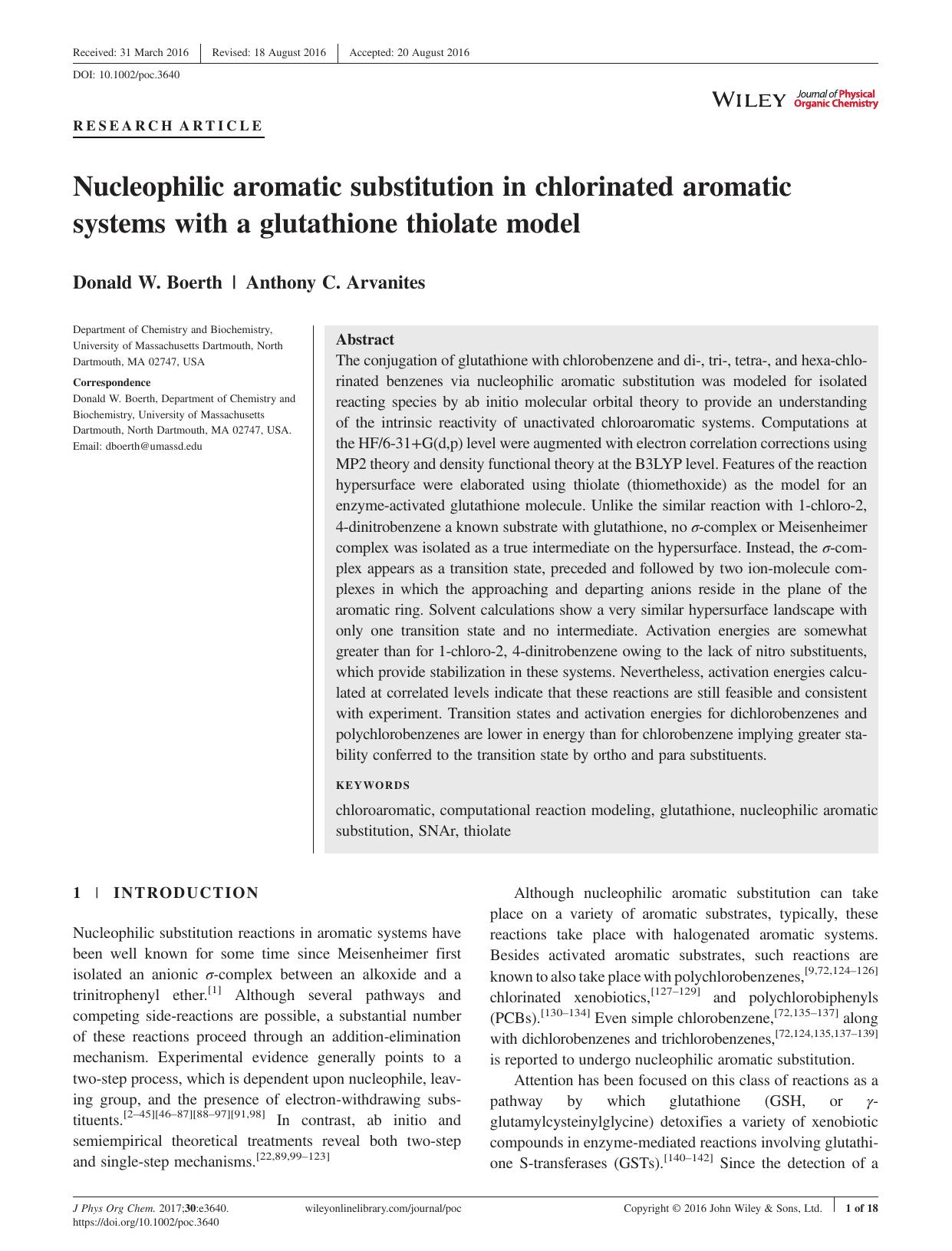 Nucleophilic aromatic substitution in chlorinated aromatic systems with a glutathione thiolate model by Donald W. Boerth & Anthony C. Arvanites