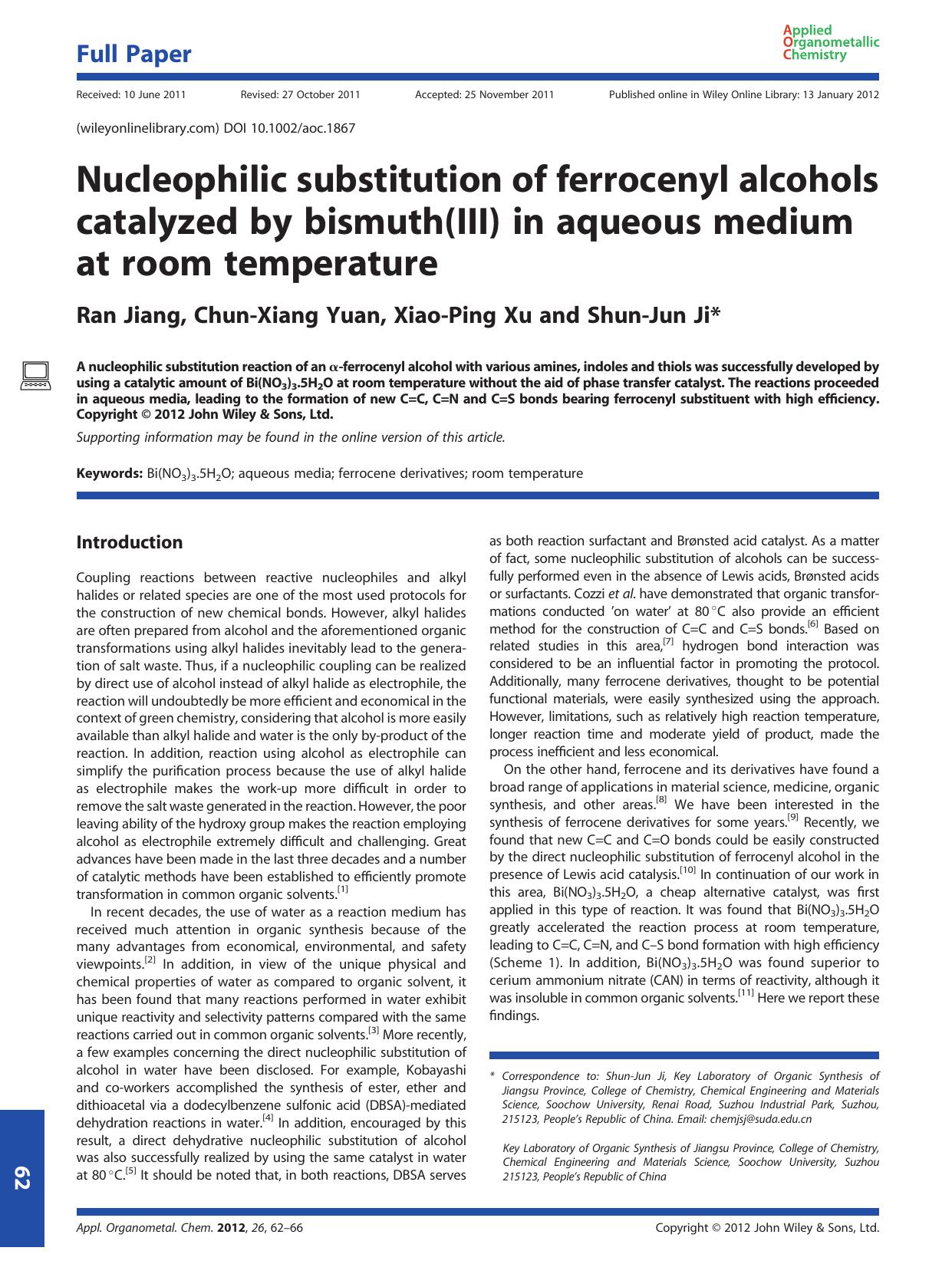 Nucleophilic substitution of ferrocenyl alcohols catalyzed by bismuth(III) in aqueous medium at room temperature by Unknown