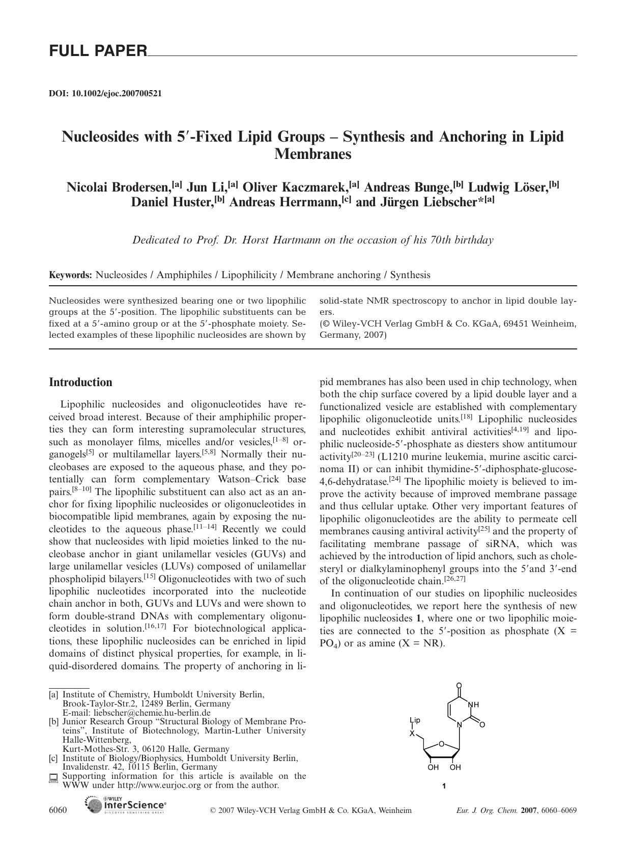 Nucleosides with 5[prime]-Fixed Lipid Groups - Synthesis and Anchoring in Lipid Membranes by Unknown