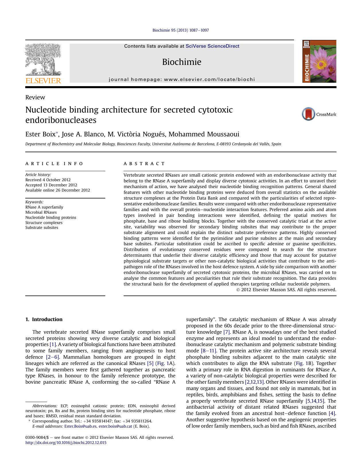 Nucleotide binding architecture for secreted cytotoxic endoribonucleases by Ester Boix & Jose A. Blanco & M. Victòria Nogués & Mohammed Moussaoui