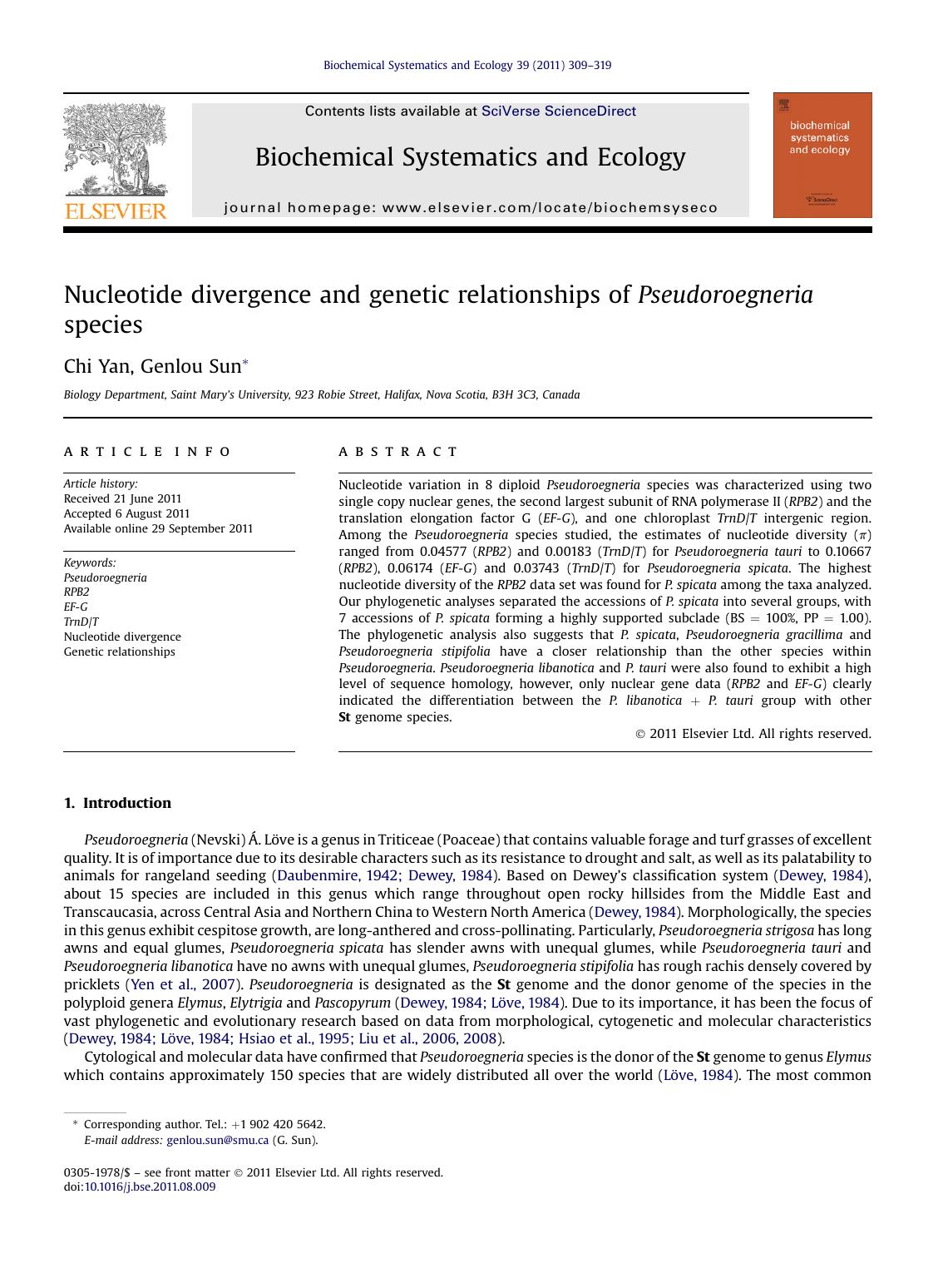 Nucleotide divergence and genetic relationships of Pseudoroegneria species by Chi Yan & Genlou Sun