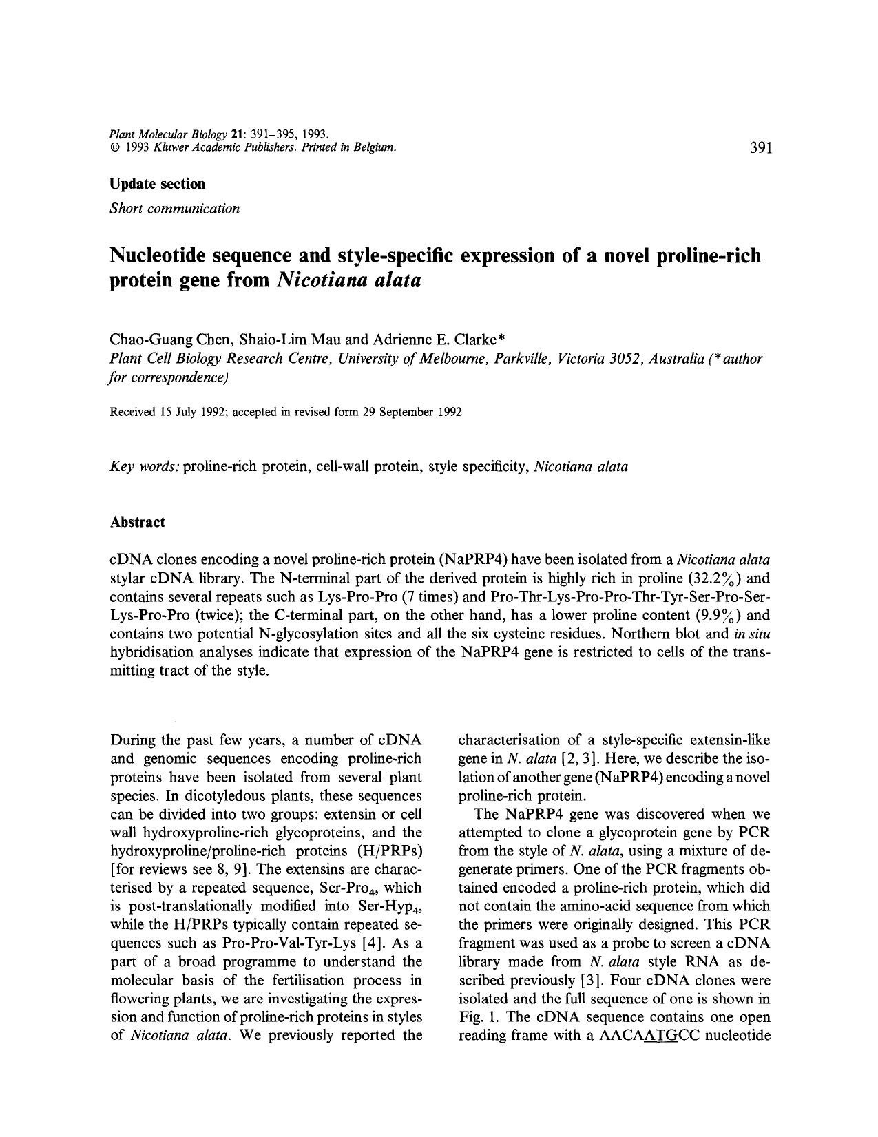 Nucleotide sequence and style-specific expression of a novel proline-rich protein gene from <Emphasis Type="Italic">Nicotiana alata <Emphasis> by Unknown