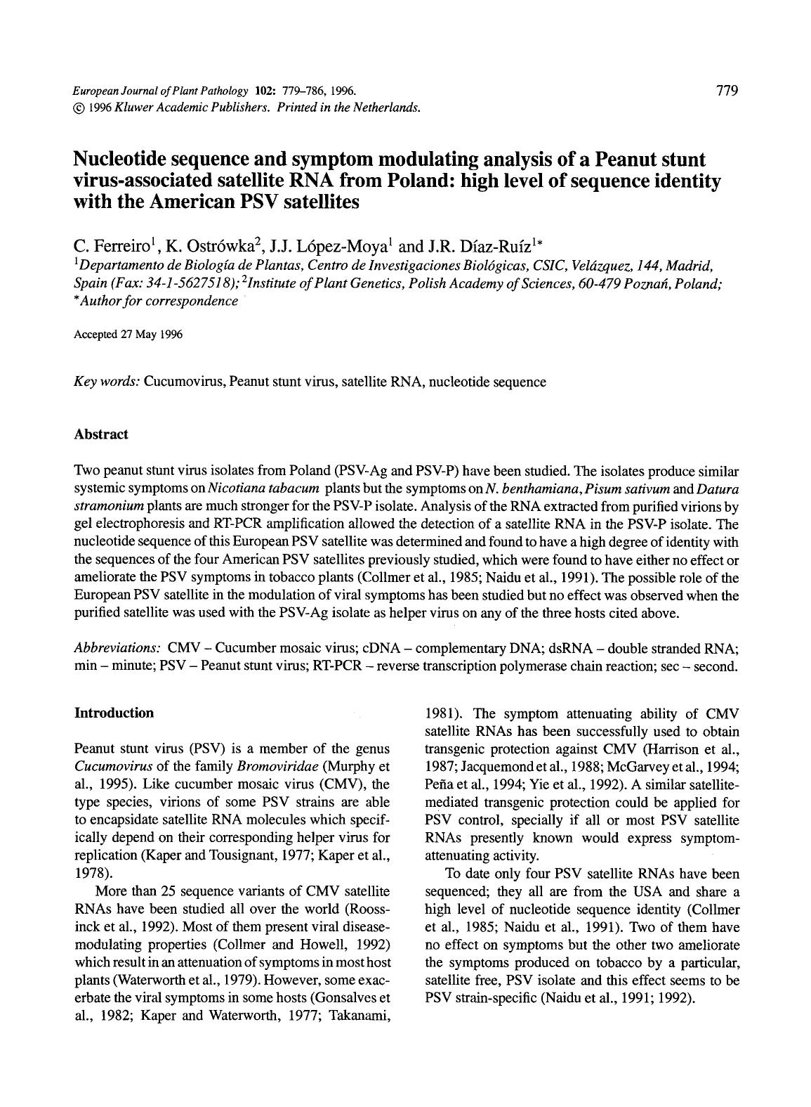 Nucleotide sequence and symptom modulating analysis of a Peanut stunt virus-associated satellite RNA from Poland: high level of sequence identity with the American PSV satellites by Unknown