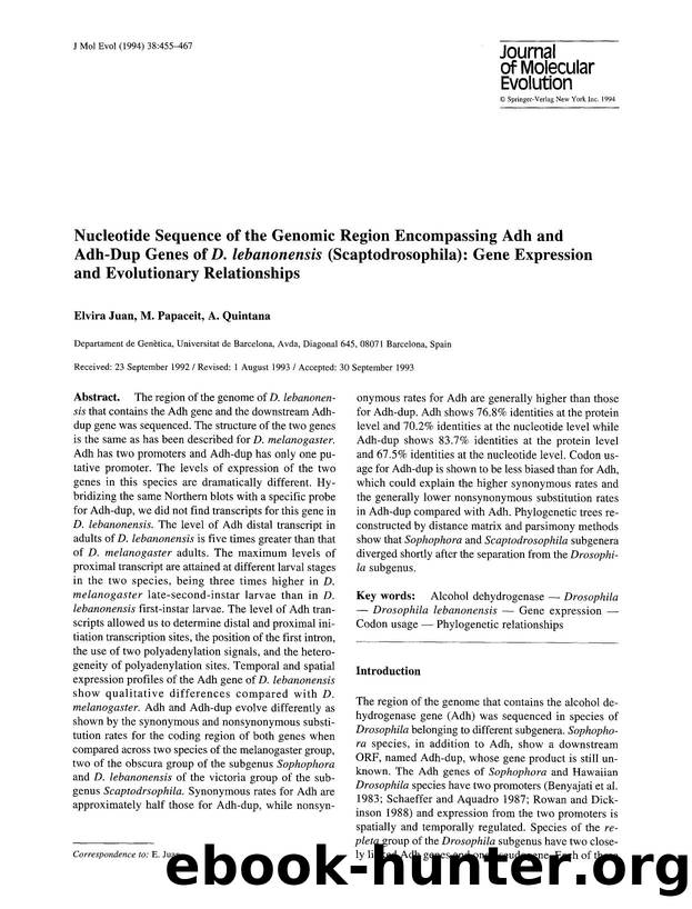 Nucleotide sequence of the genomic region encompassing Adh and Adh-Dup genes of  <Emphasis Type="Italic">D. lebanonensis <Emphasis> (Scaptodrosophila): Gene expression and evolutionary relationships by Unknown