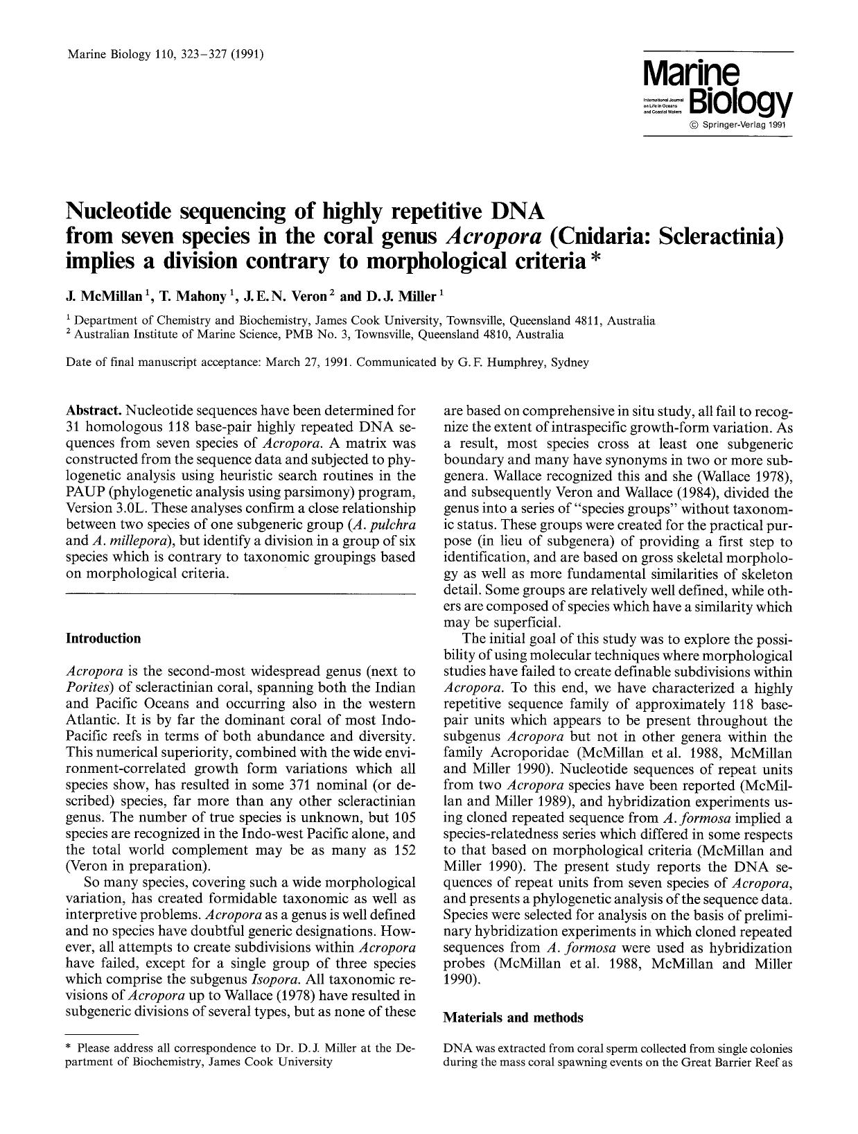 Nucleotide sequencing of highly repetitive DNA from seven species in the coral genus <Emphasis Type="Italic">Acropora <Emphasis> (Cnidaria: Scleractinia) implies a division contrar by Unknown