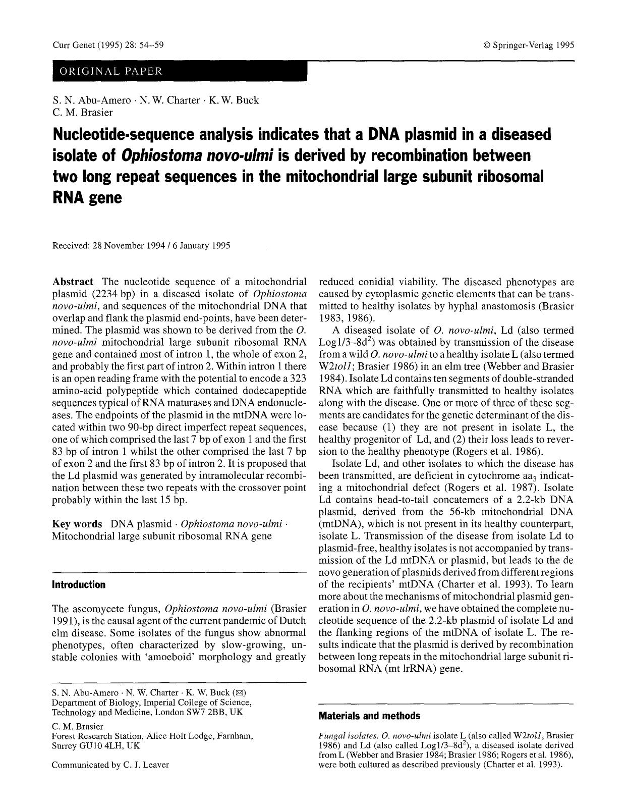 Nucleotide-sequence analysis indicates that a DNA plasmid in a diseased isolate of <Emphasis Type="Italic">Ophiostoma novo-ulmi<Emphasis> is derived by recombination between two lo by Unknown