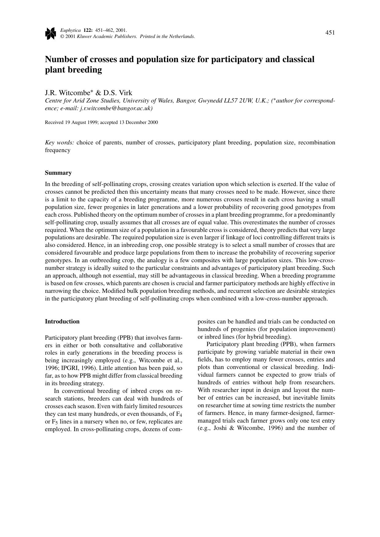 Number of crosses and population size for participatory and classical plant breeding by Unknown