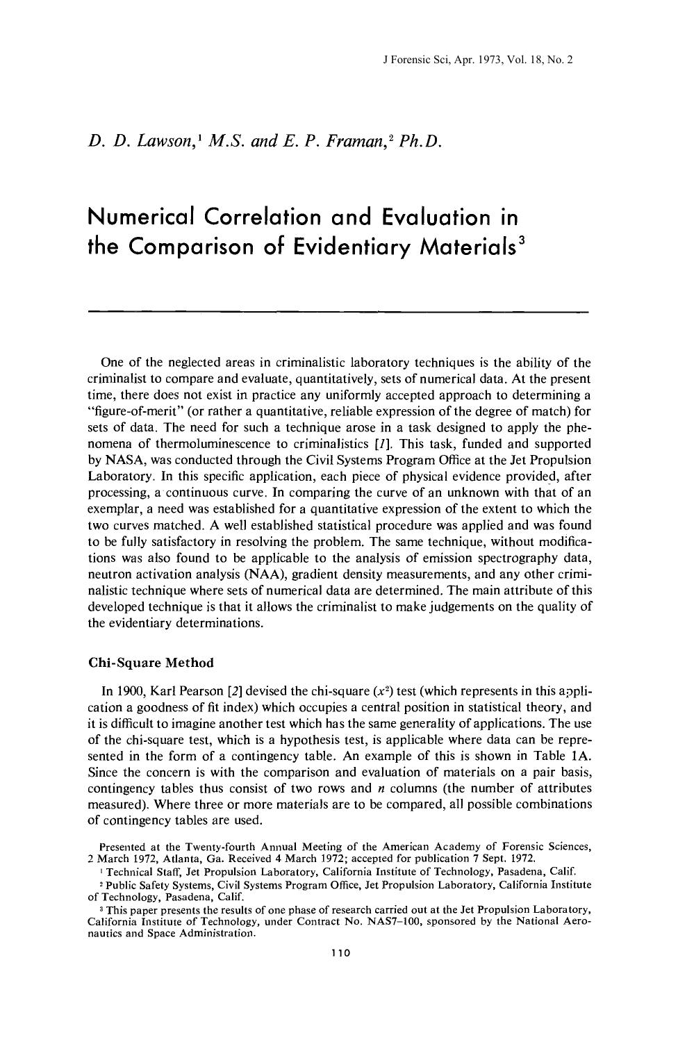 Numerical Correlation and Evaluation in the Comparison of Evidentiary Materials by Lawson DD Framan EP