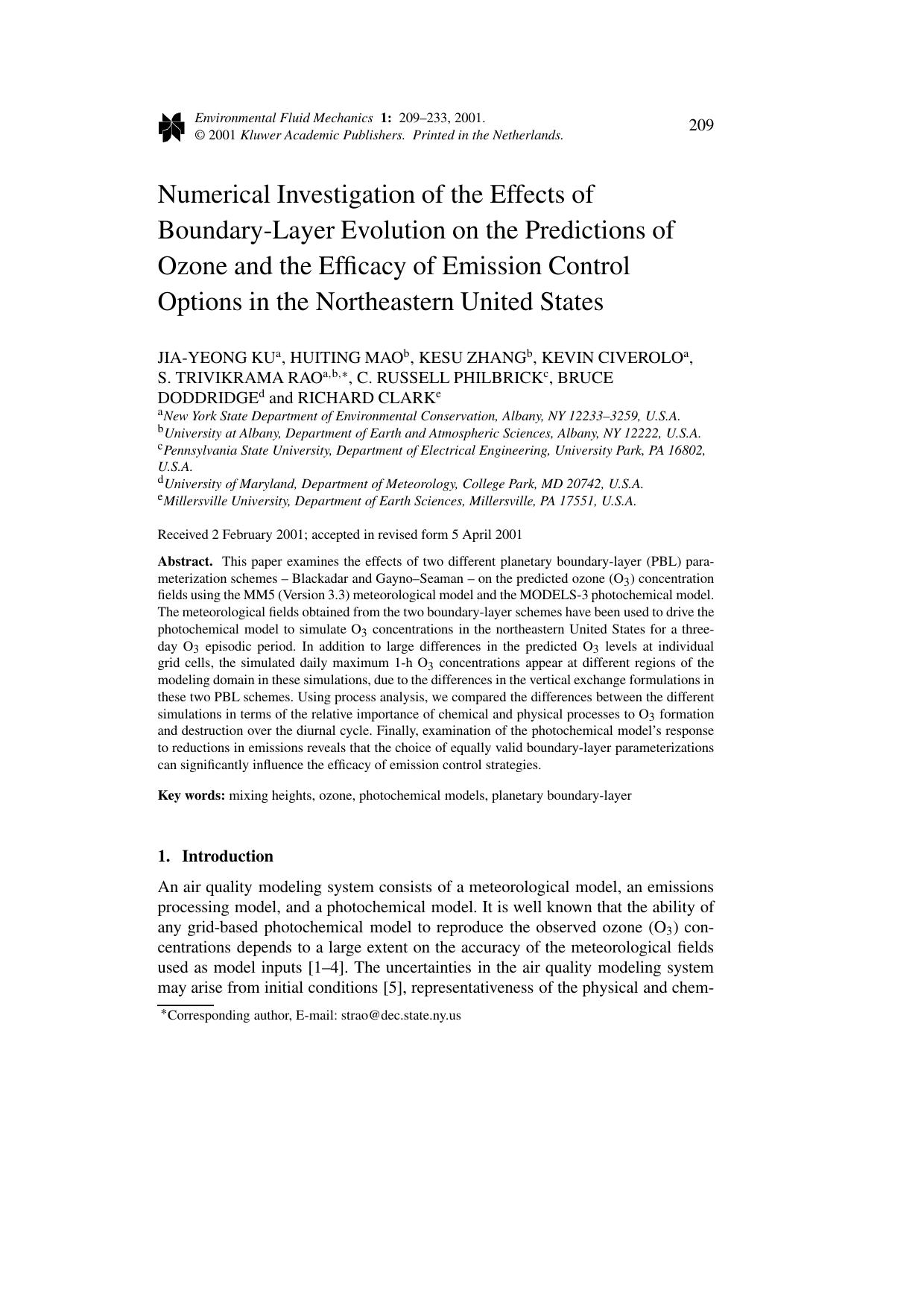 Numerical Investigation of the Effects of Boundary-Layer Evolution on the Predictions of Ozone and the Efficacy of Emission Control Options in the Northeastern United States by Unknown