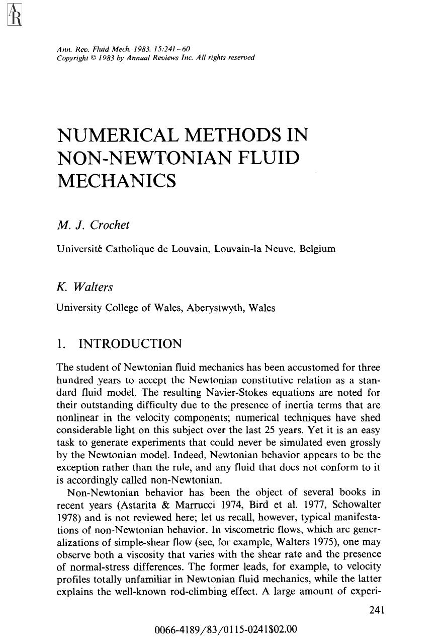Numerical Methods in Non-Newtonian Fluid Mechanics by M J Crochet and K Walters