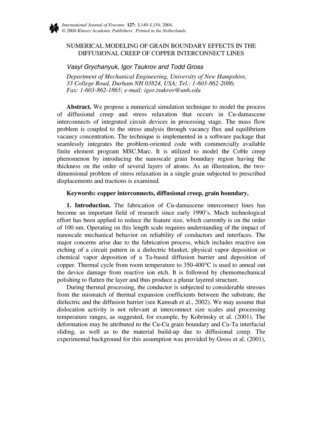 Numerical Modeling of Grain Boundary Effects in the Diffusional Creep of Copper Interconnect Lines by Unknown