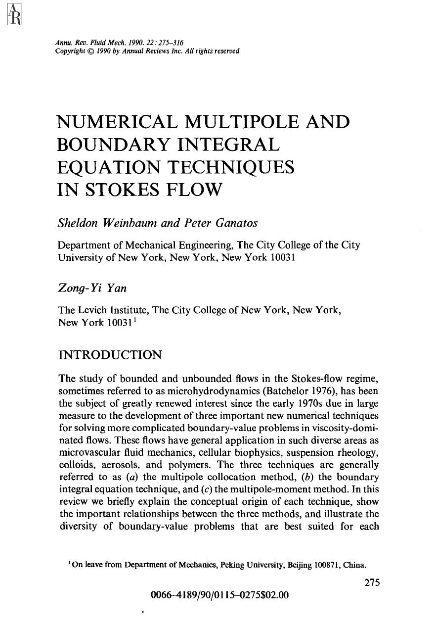 Numerical Multipole and Boundary Integral Equation Techniques in Stokes Flow by S Weinbaum P Ganatos & Z Yan