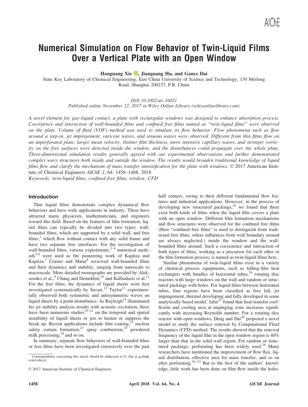 Numerical Simulation on Flow Behavior of Twin‐Liquid Films Over a Vertical Plate with an Open Window by Unknown