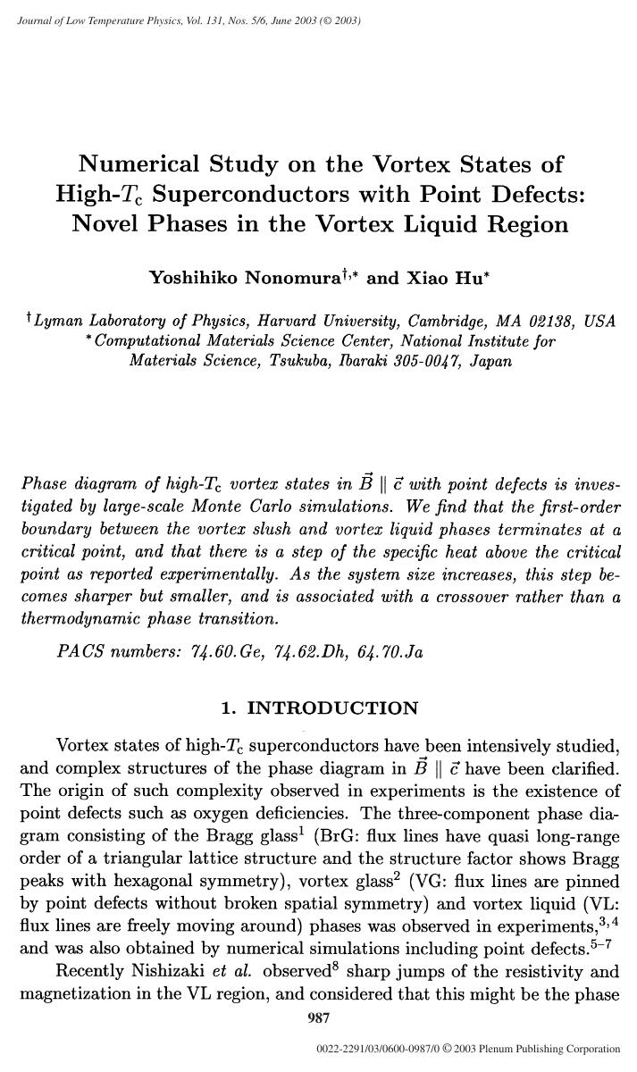 Numerical Study on the Vortex States of High-<Emphasis Type="Italic">T<Emphasis> <Subscript>c<Subscript> Superconductors with Point Defects: Novel Phases in the Vortex Liquid Region by Unknown