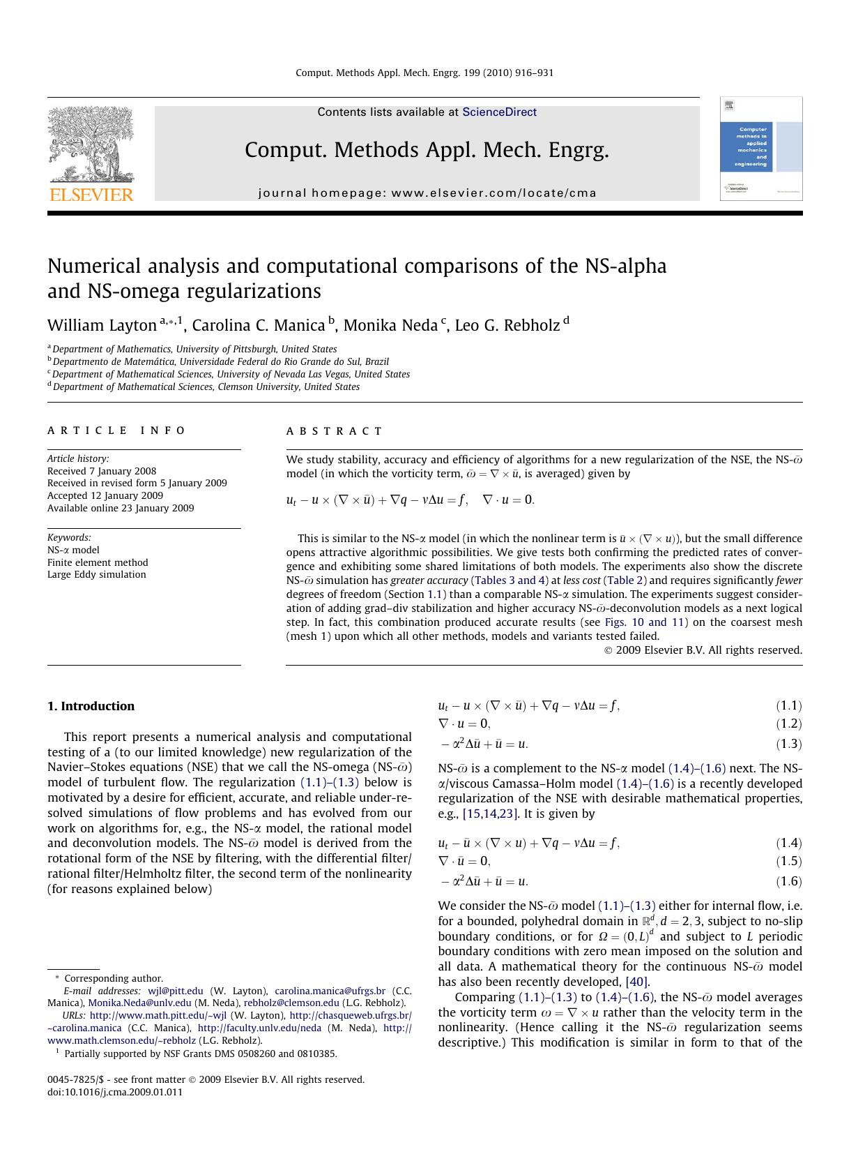 Numerical analysis and computational comparisons of the NS-alpha and NS-omega regularizations by William Layton; Carolina C. Manica; Monika Neda; Leo G. Rebholz