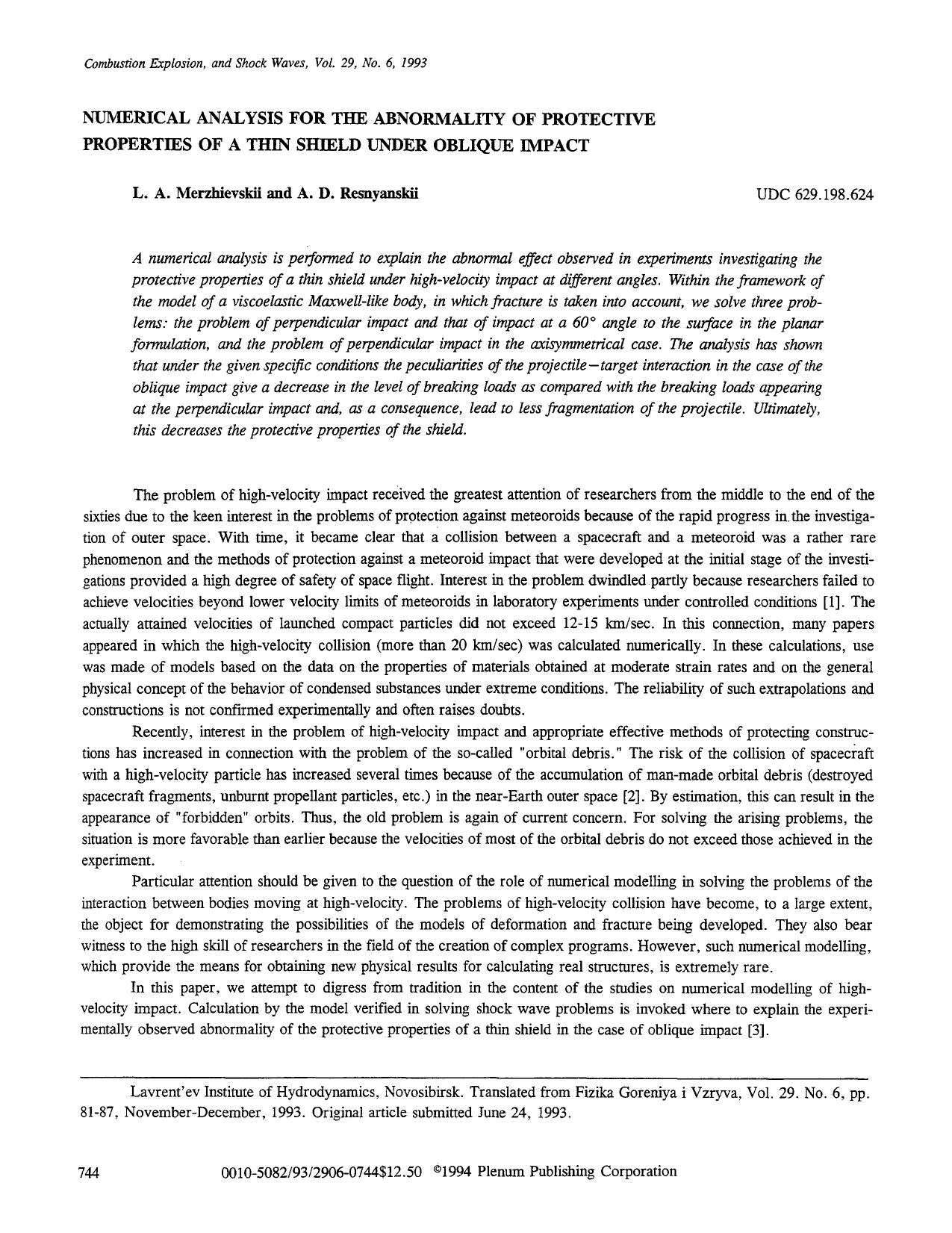 Numerical analysis for the abnormality of protective properties of a thin shield under oblique impact by Unknown
