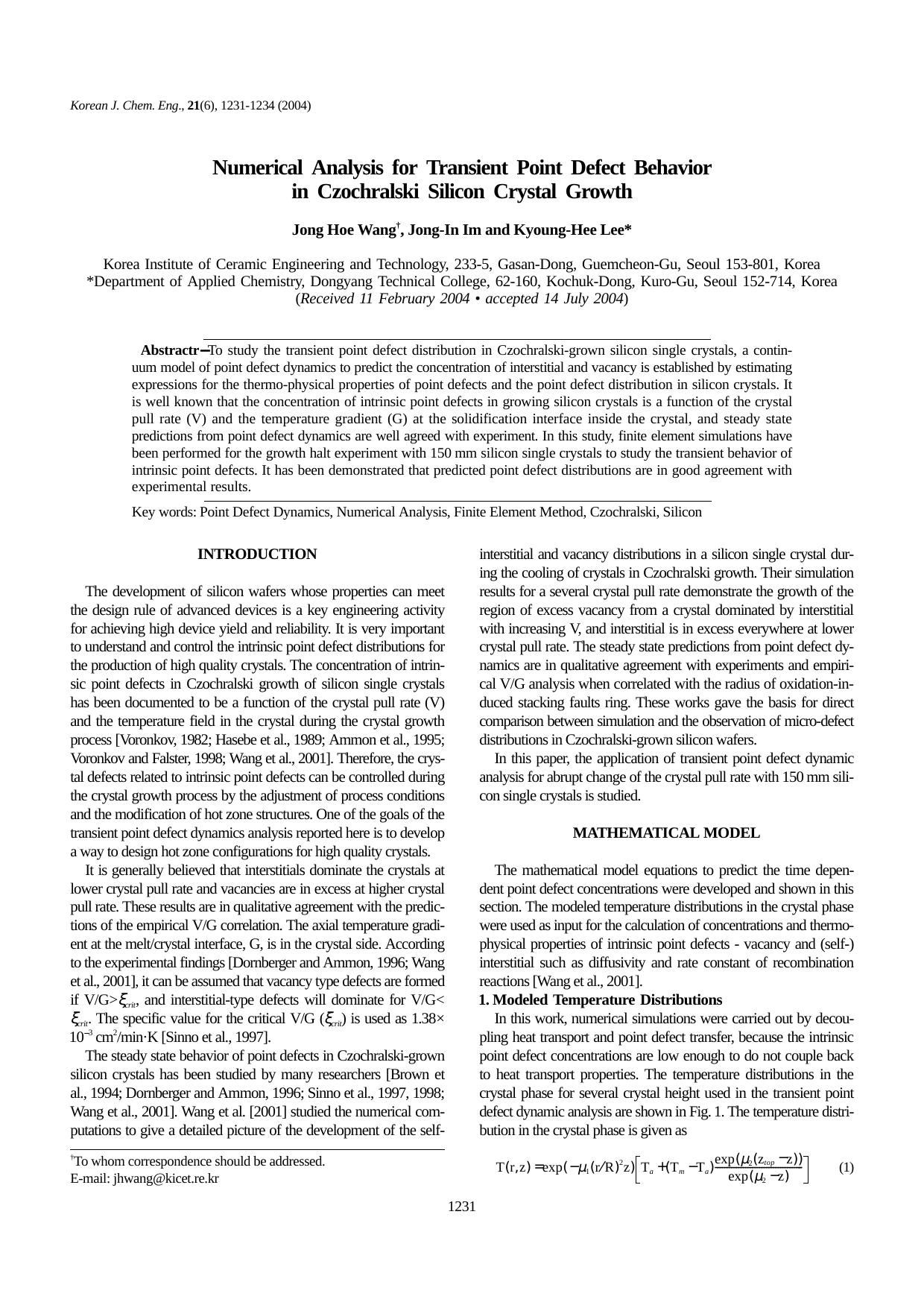 Numerical analysis for transient point defect behavior in Czochralski silicon crystal growth by Unknown