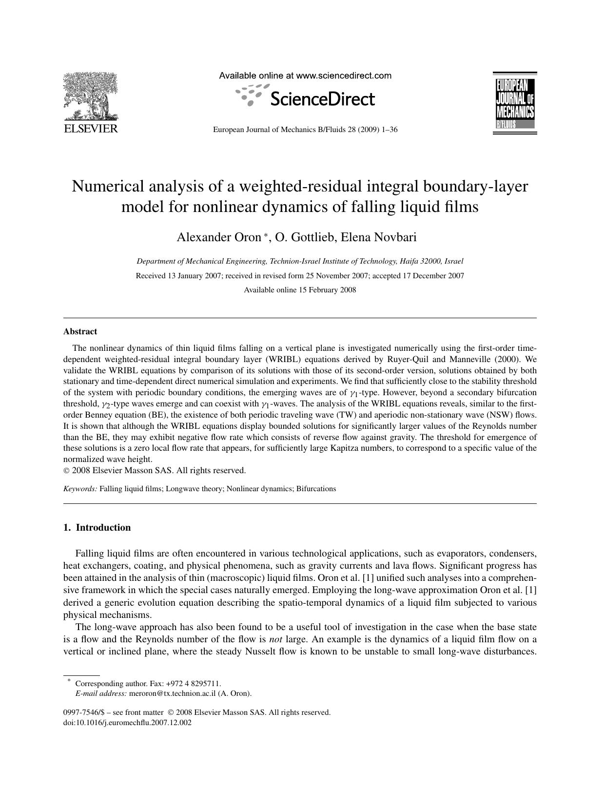 Numerical analysis of a weighted-residual integral boundary-layer model for nonlinear dynamics of falling liquid films by Alexander Oron; O. Gottlieb; Elena Novbari