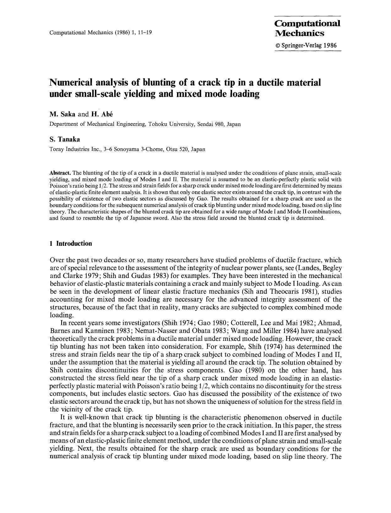 Numerical analysis of blunting of a crack tip in a ductile material under small-scale yielding and mixed mode loading by Unknown