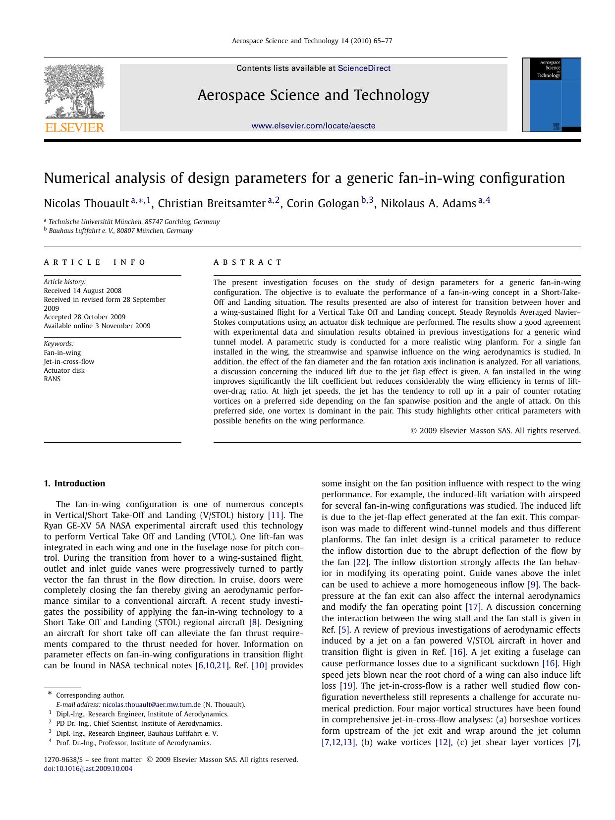 Numerical analysis of design parameters for a generic fan-in-wing configuration by Nicolas Thouault; Christian Breitsamter; Corin Gologan; Nikolaus A. Adams