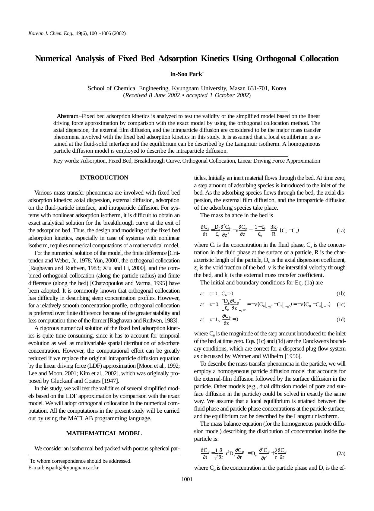 Numerical analysis of fixed bed adsorption kinetics using orthogonal collocation by Unknown