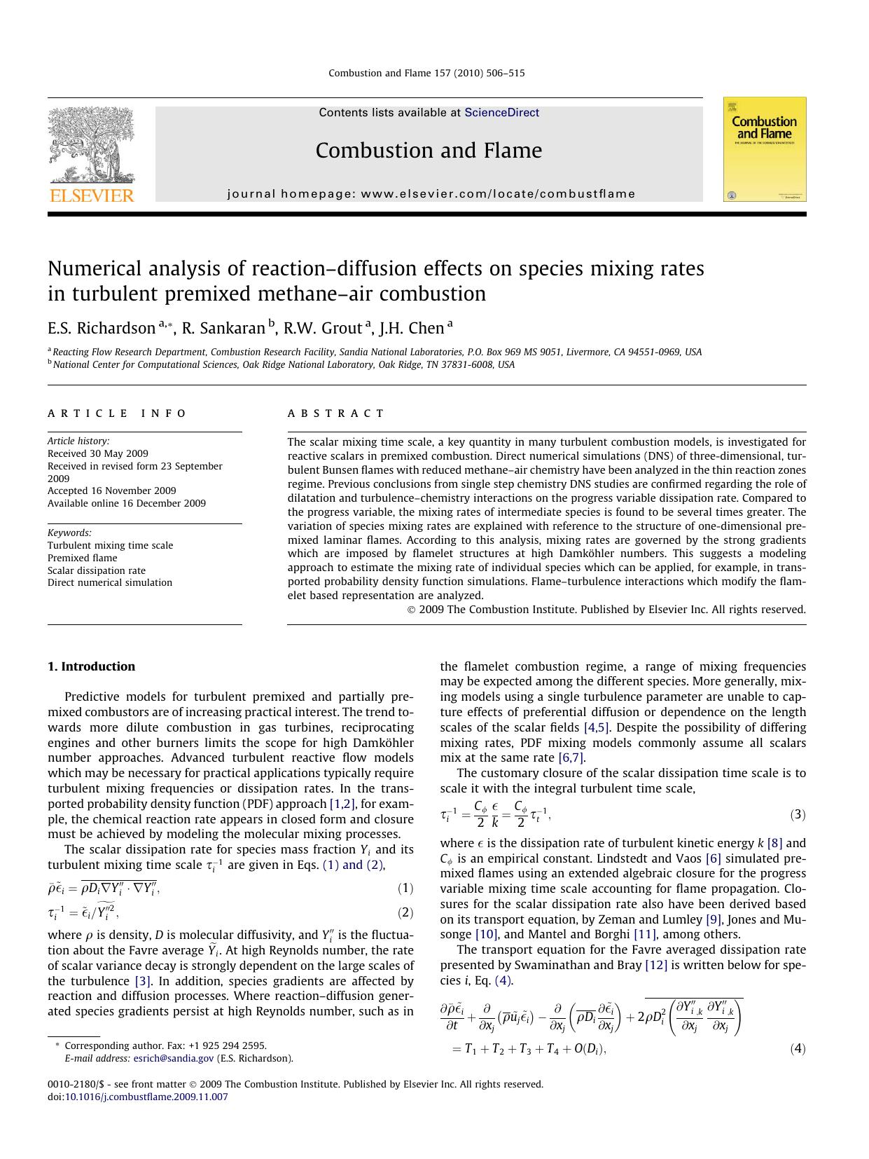 Numerical analysis of reactionâdiffusion effects on species mixing rates in turbulent premixed methaneâair combustion by E.S. Richardson; R. Sankaran; R.W. Grout; J.H. Chen