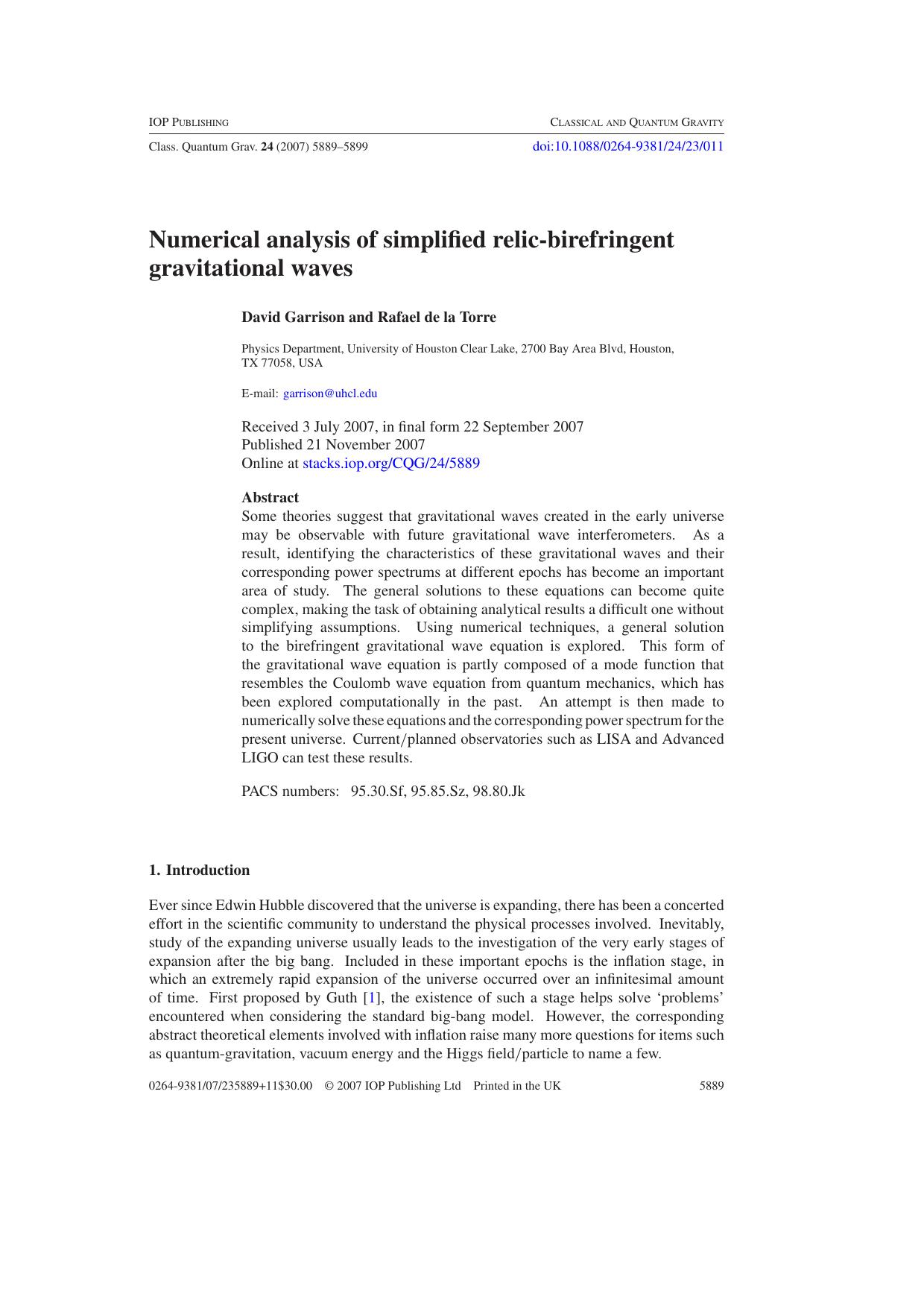 Numerical analysis of simplified relic-birefringent gravitational waves by D Garrison and R de la Torre