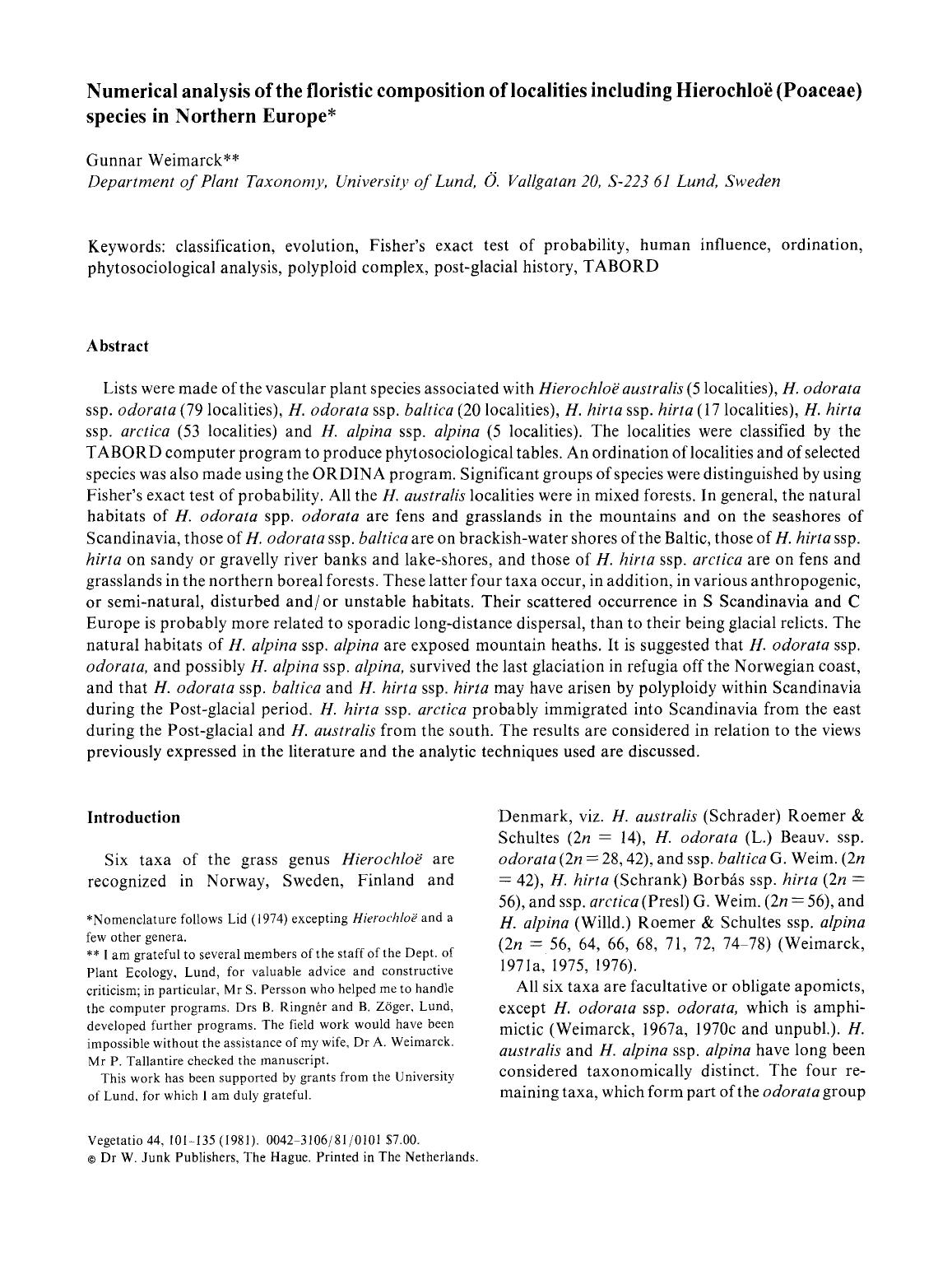 Numerical analysis of the floristic composition of localities including Hierochloë(Poaceae) species in Northern Europe by Unknown