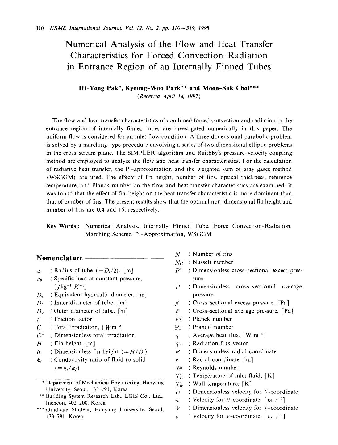 Numerical analysis of the flow and heat transfer characteristics for forced convection-radiation in entrance region of an internally finned tubes by Unknown