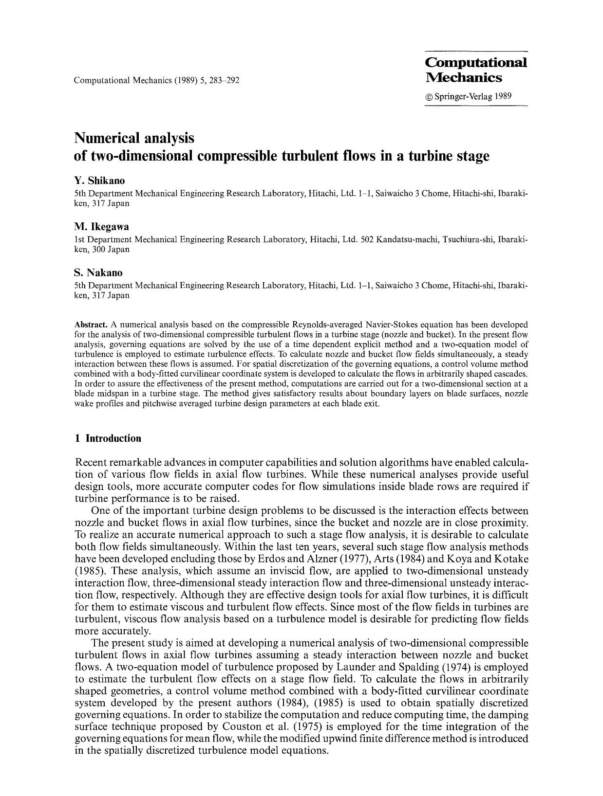 Numerical analysis of two-dimensional compressible turbulent flows in a turbine stage by Unknown