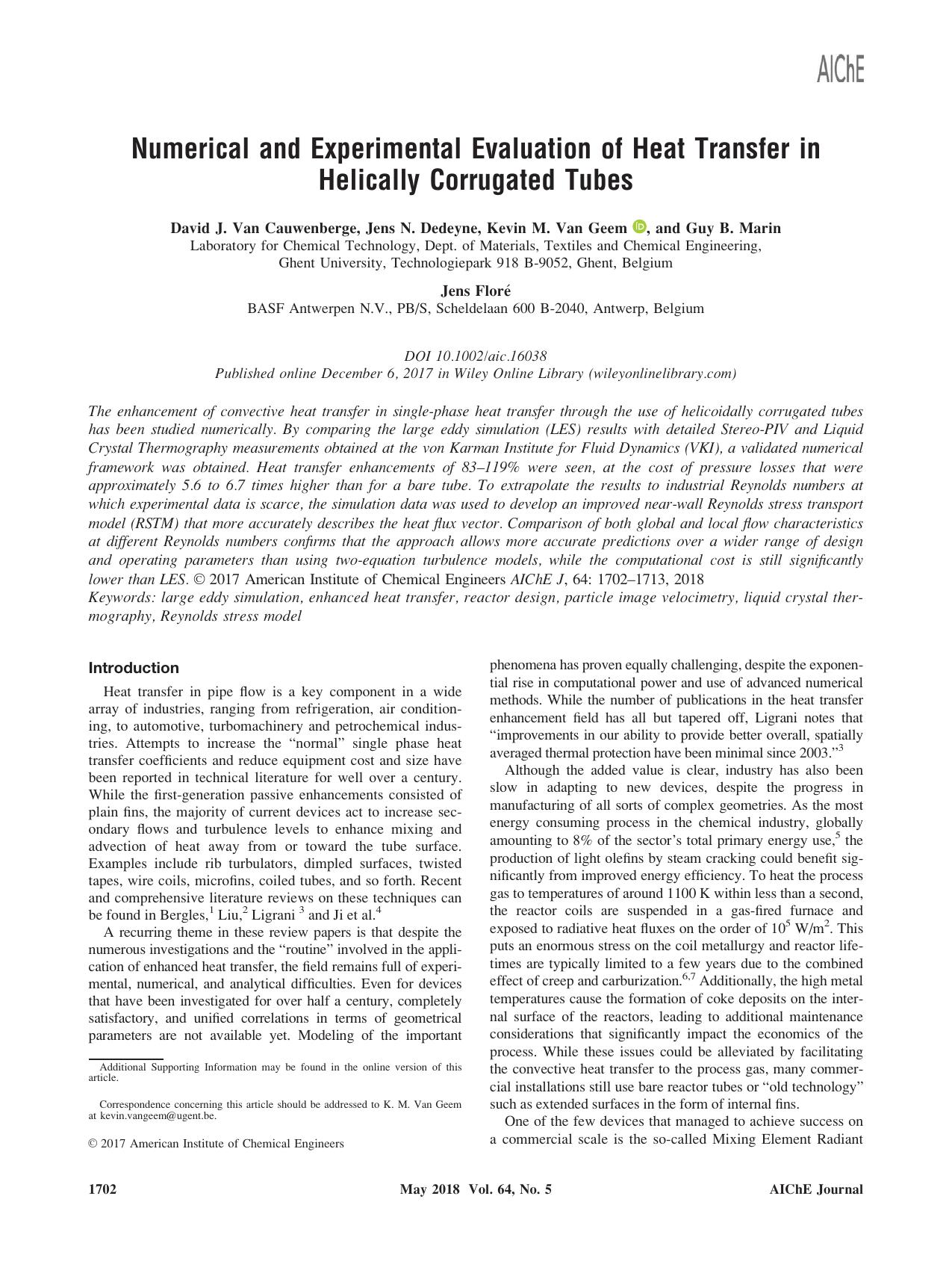 Numerical and Experimental Evaluation of Heat Transfer in Helically Corrugated Tubes by Unknown