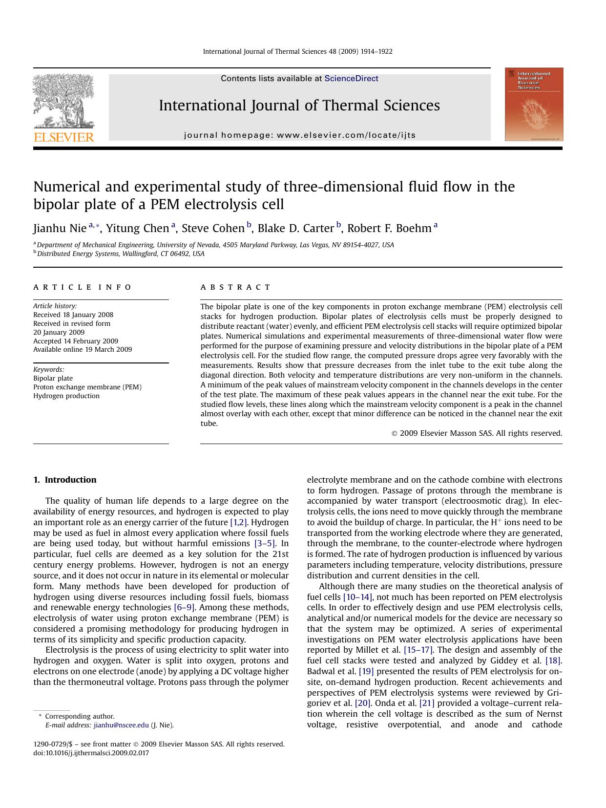 Numerical and experimental study of three-dimensional fluid flow in the bipolar plate of a PEM electrolysis cell by Jianhu Nie; Yitung Chen; Steve Cohen; Blake D. Carter; Robert F. Boehm