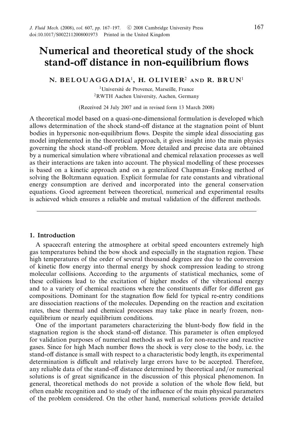 Numerical and theoretical study of the shock stand-off distance in non-equilibrium flows by N. BELOUAGGADIA H. OLIVIER & R. BRUN