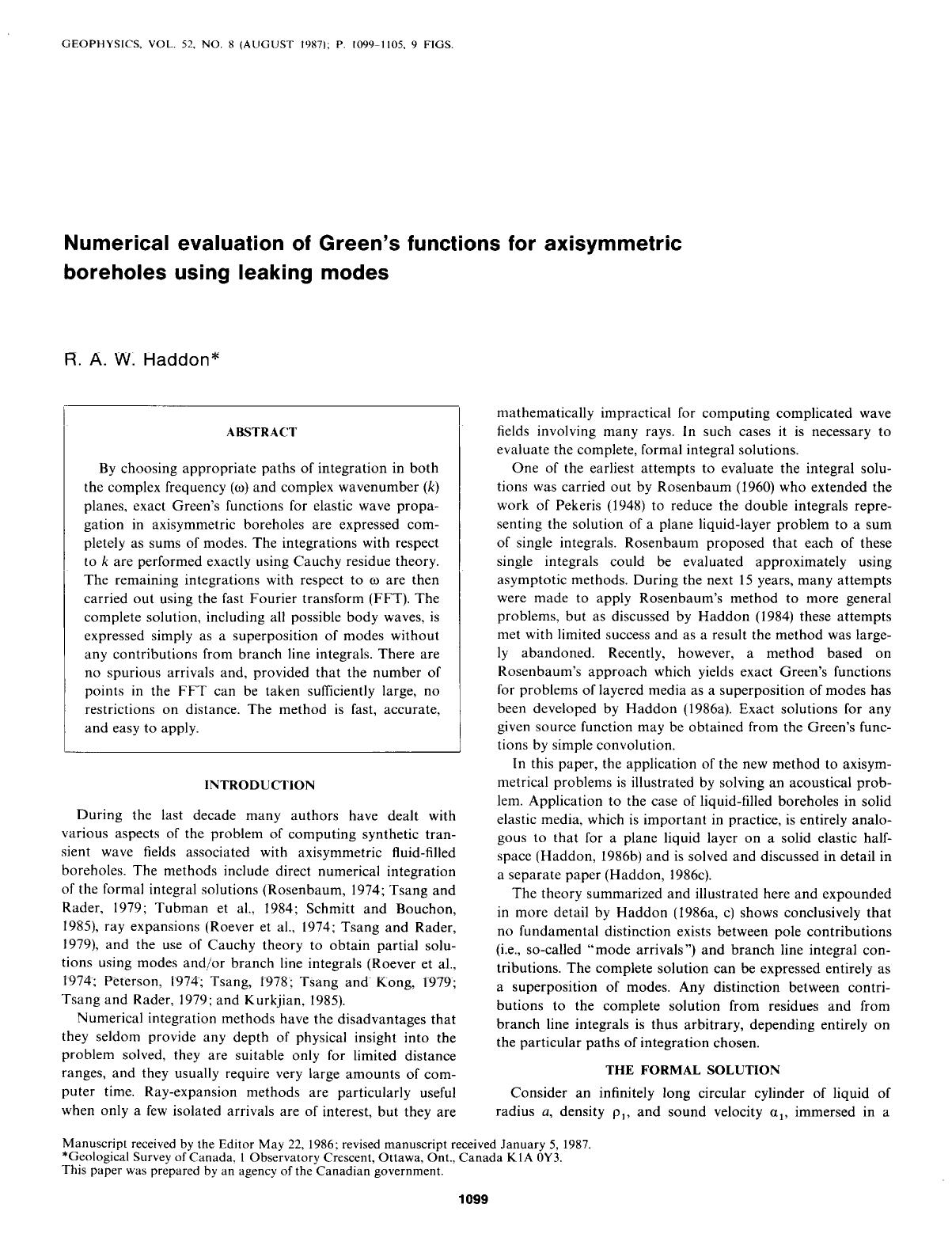 Numerical evaluation of Green's functions for axisymmetric boreholes using leaking modes by Haddon R. A. W