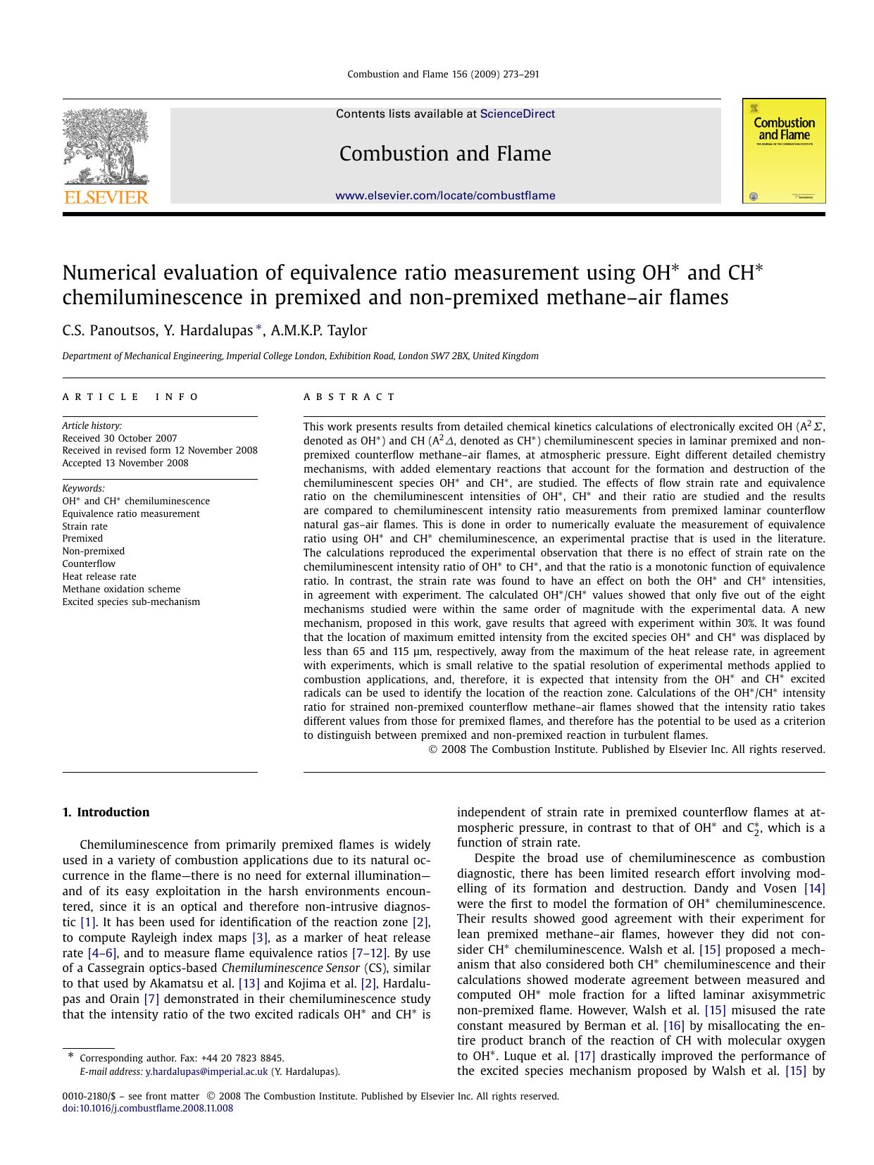 Numerical evaluation of equivalence ratio measurement using OH* and CH* chemiluminescence in premixed and non-premixed methaneâair flames by C.S. Panoutsos; Y. Hardalupas; A.M.K.P. Taylor