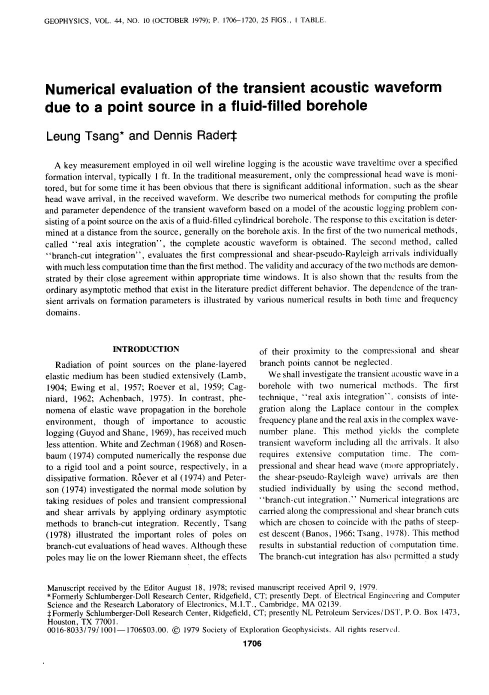 Numerical evaluation of the transient acoustic waveform due to a point source in a fluid-filled borehole by Tsang L.; Rader D