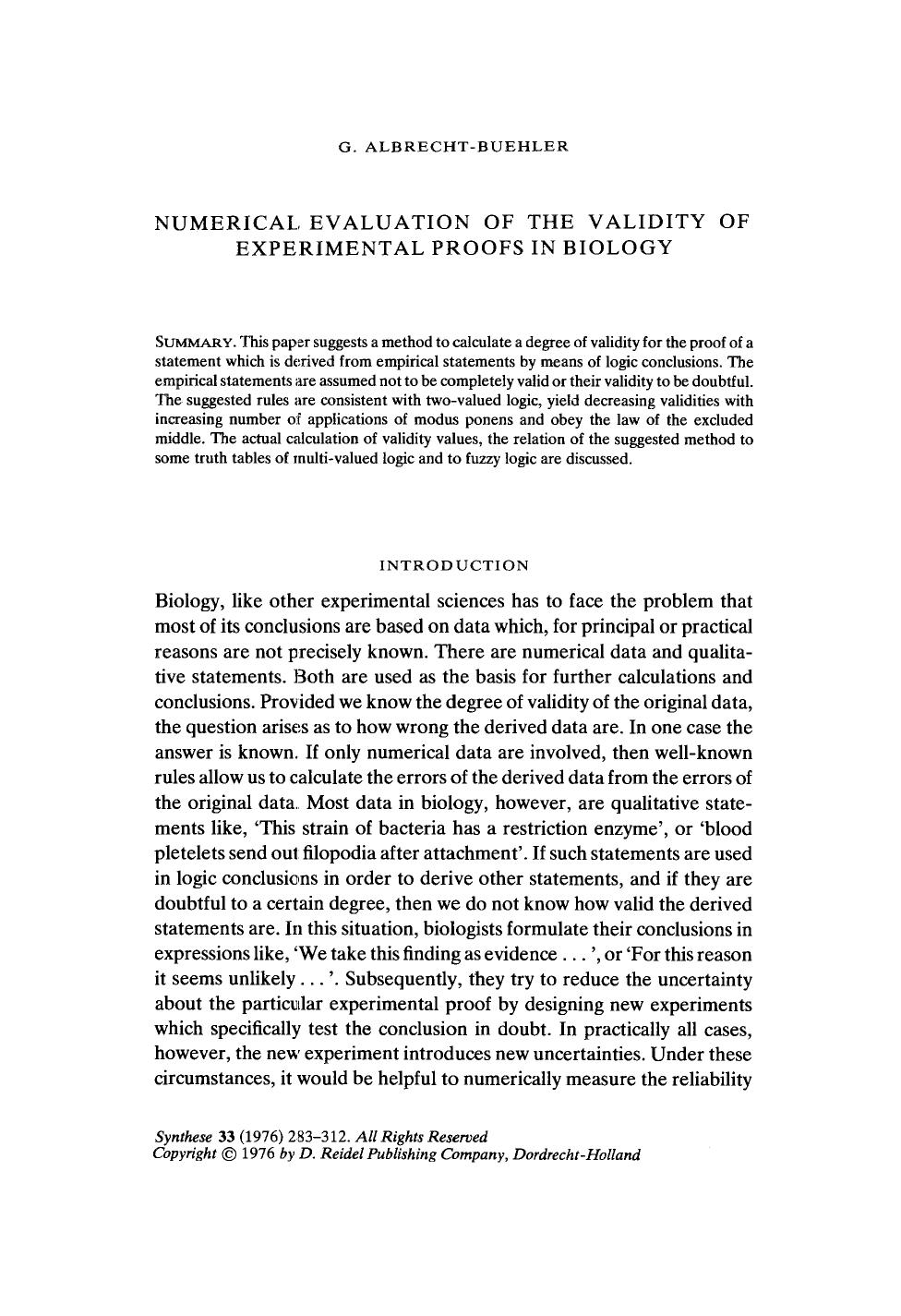 Numerical evaluation of the validity of experimental proofs in biology by Unknown
