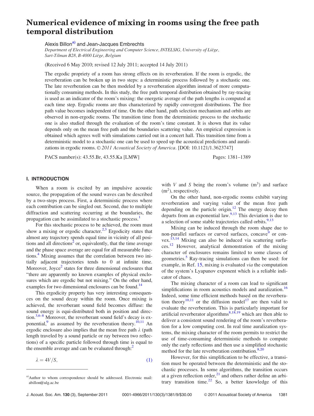 Numerical evidence of mixing in rooms using the free path temporal distribution by Alexis Billon and Jean-Jacques Embrechts