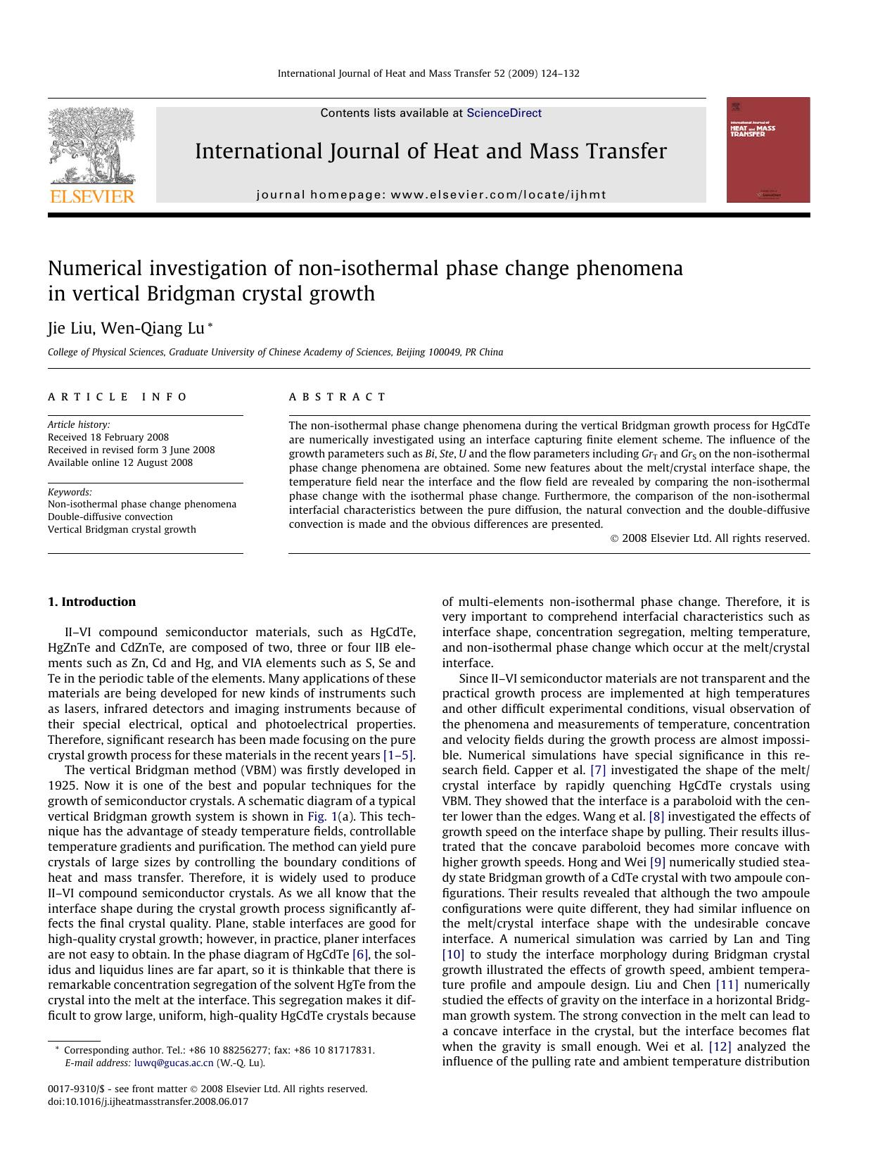 Numerical investigation of non-isothermal phase change phenomena in vertical Bridgman crystal growth by Jie Liu; Wen-Qiang Lu