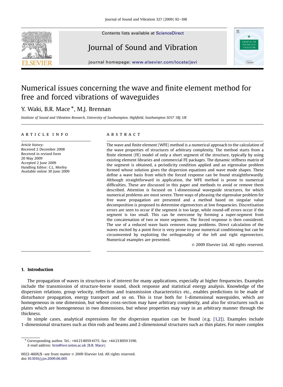 Numerical issues concerning the wave and finite element method for free and forced vibrations of waveguides by Y. Waki; B.R. Mace; M.J. Brennan