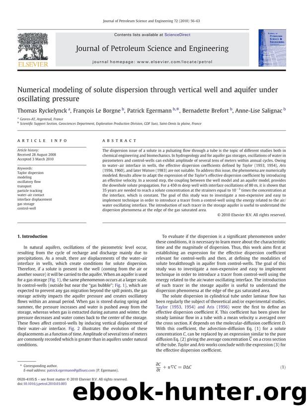 Numerical modeling of solute dispersion through vertical well and aquifer under oscillating pressure by Thomas Ryckelynck; François Le Borgne; Patrick Egermann; Bernadette Brefort; Anne-Lise Salignac