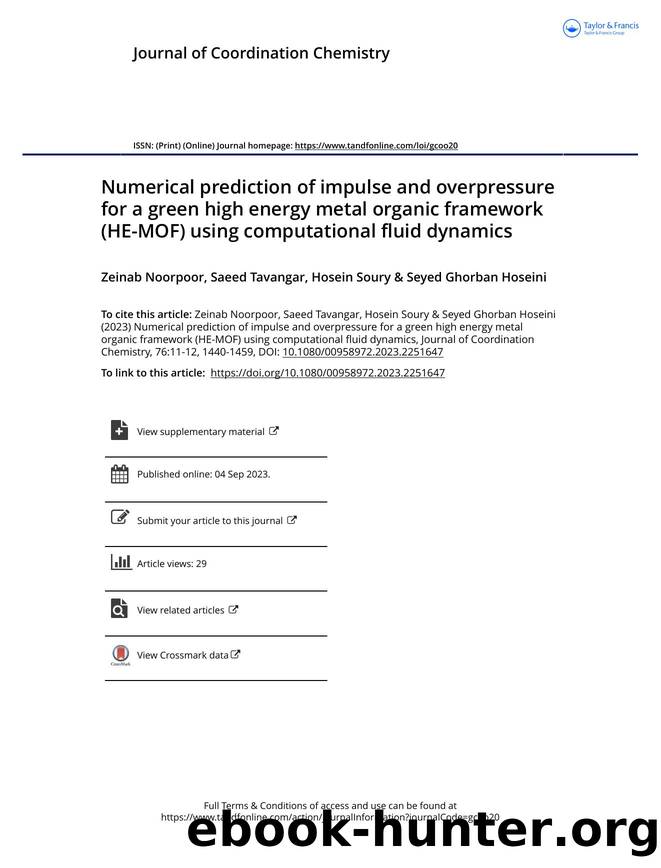 Numerical prediction of impulse and overpressure for a green high energy metal organic framework (HE-MOF) using computational fluid dynamics by Noorpoor Zeinab & Tavangar Saeed & Soury Hosein & Hoseini Seyed Ghorban