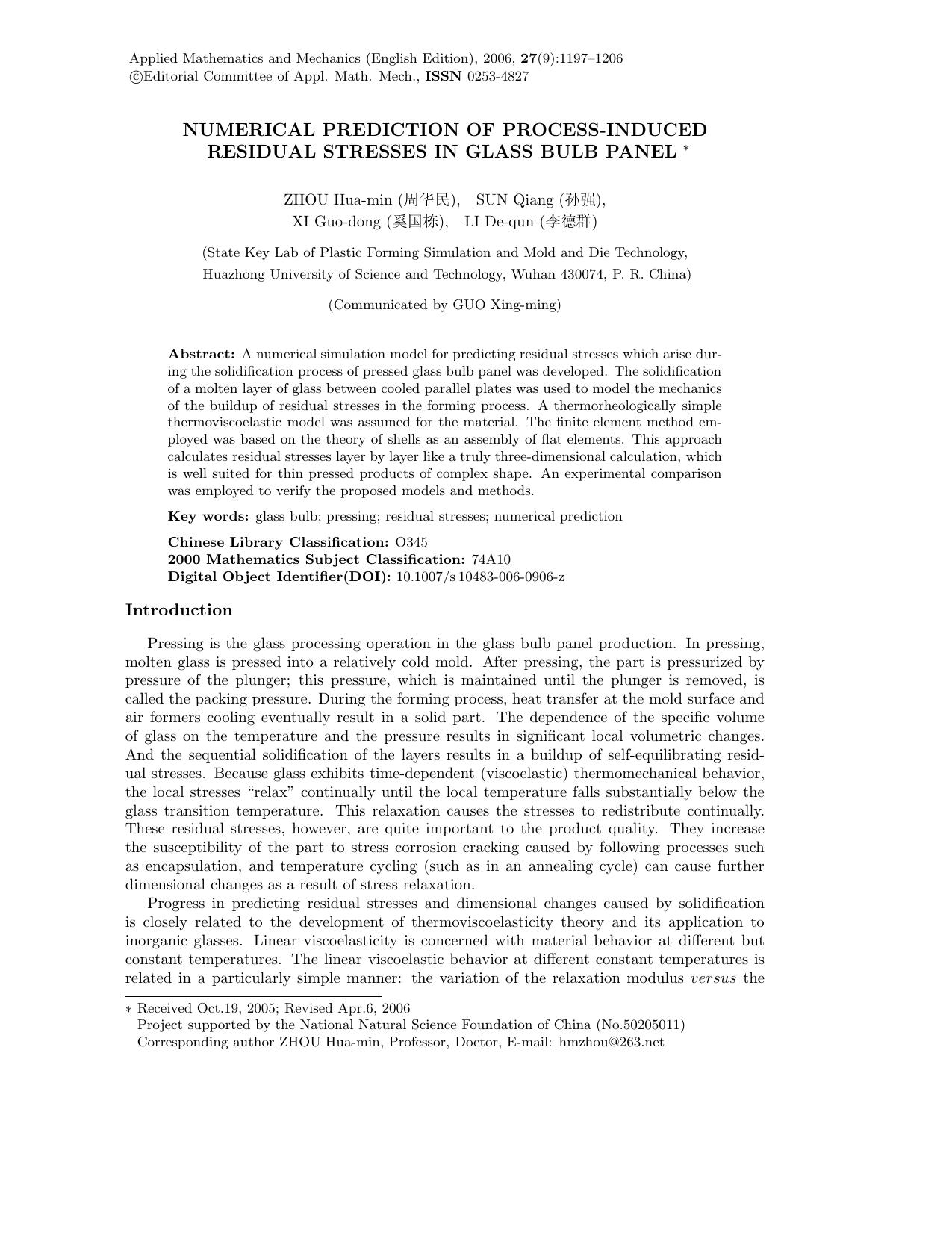 Numerical prediction of process-induced residual stresses in glass bulb panel by Unknown