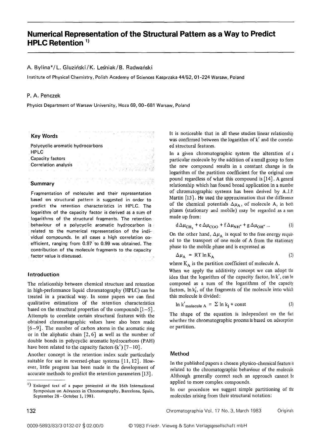 Numerical representation of the structural pattern as a way to predict HPLC retention by Unknown