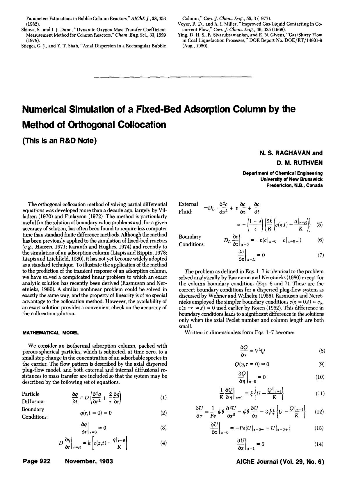 Numerical simulation of a fixed-bed adsorption column by the method of orthogonal collocation by Unknown