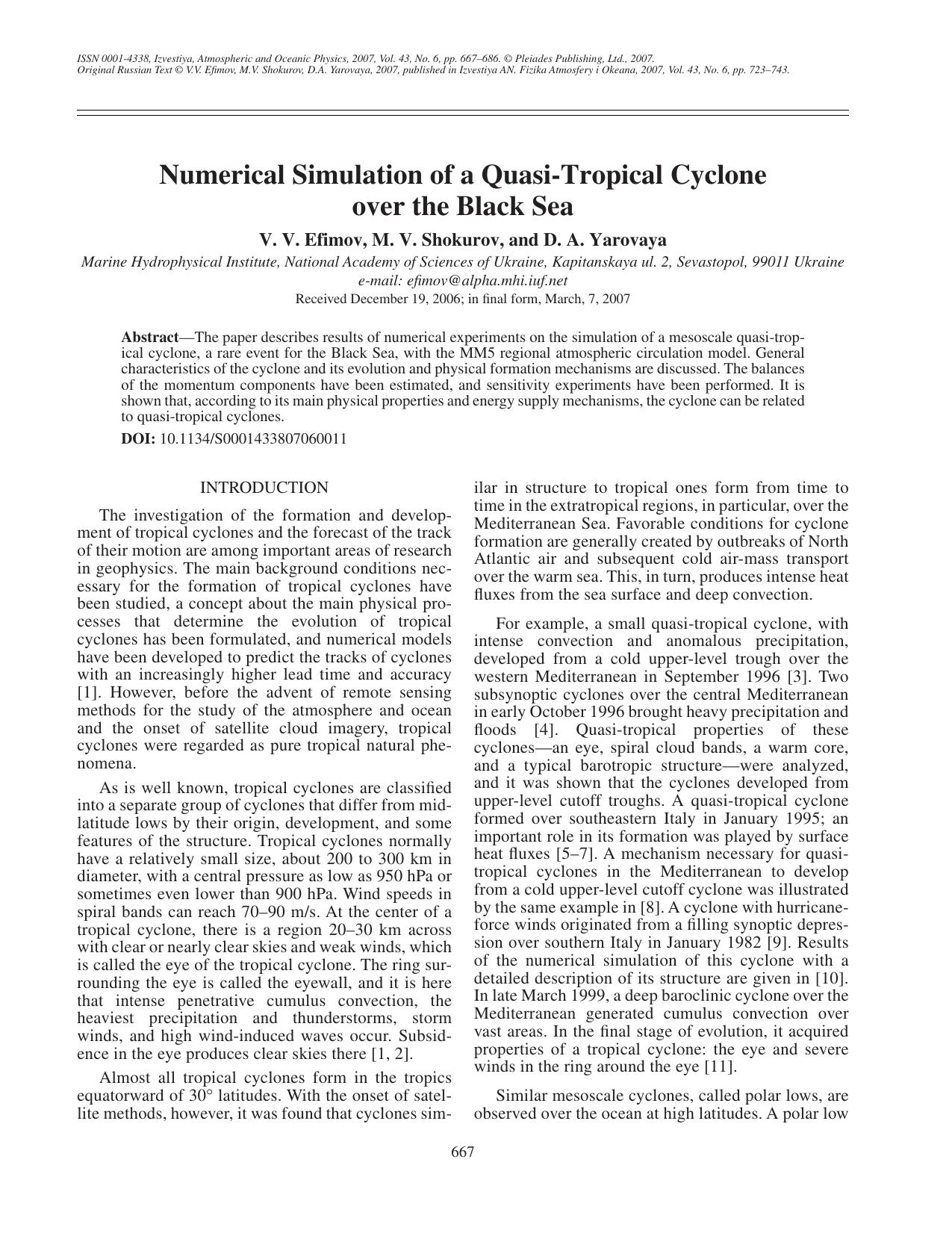 Numerical simulation of a quasi-tropical cyclone over the Black Sea by Unknown