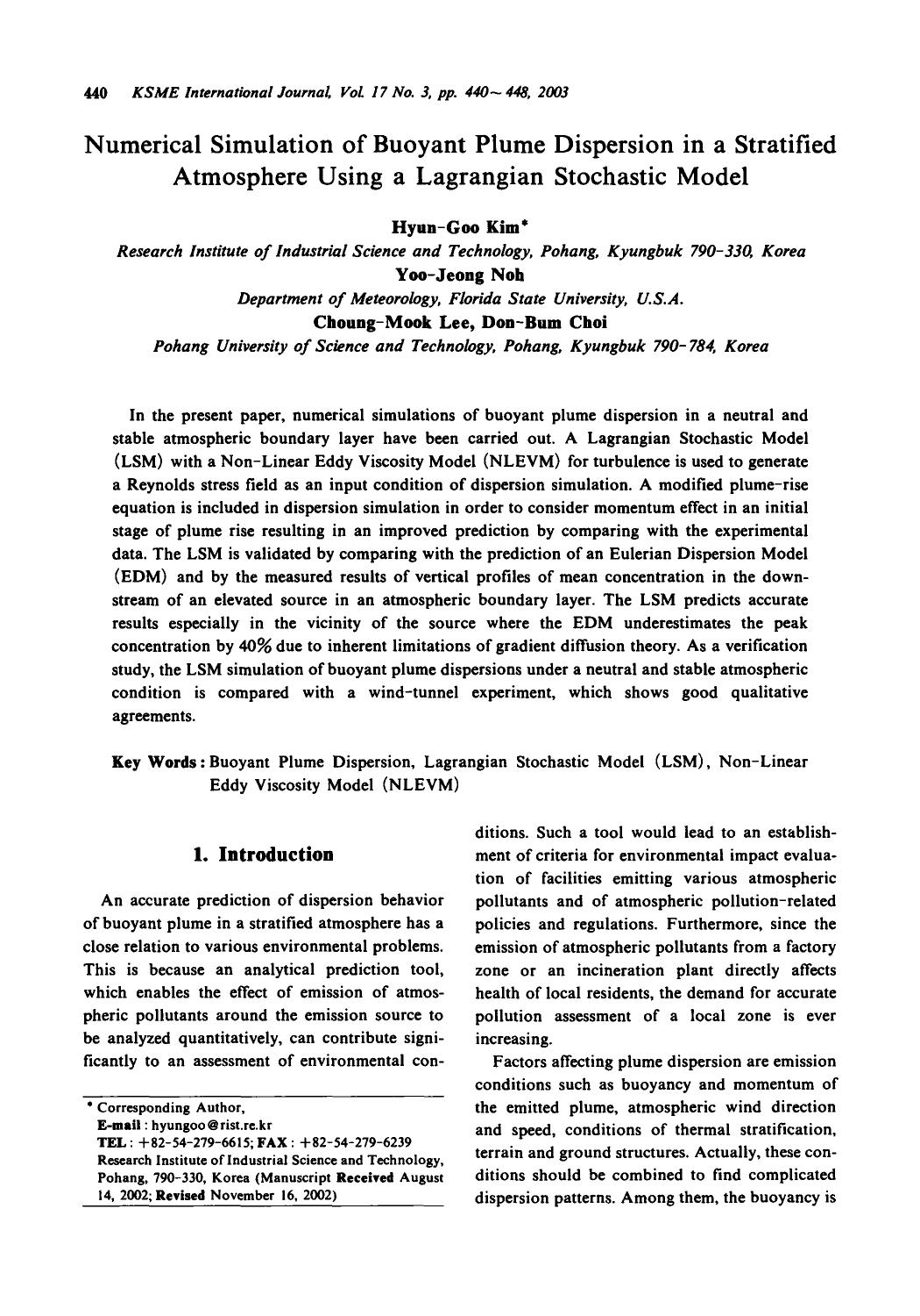 Numerical simulation of buoyant plume dispersion in a stratifice atmosphere using a lagrangian stochastic model by Unknown