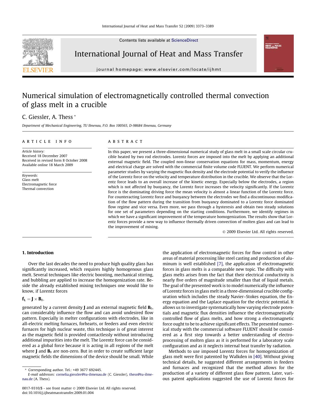 Numerical simulation of electromagnetically controlled thermal convection of glass melt in a crucible by C. Giessler; A. Thess
