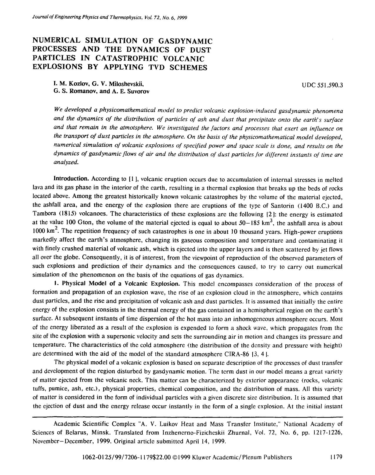 Numerical simulation of gasdynamic processes and the dynamics of dust particles in catastrophic volcanic explosions by applying TVD schemes by Unknown